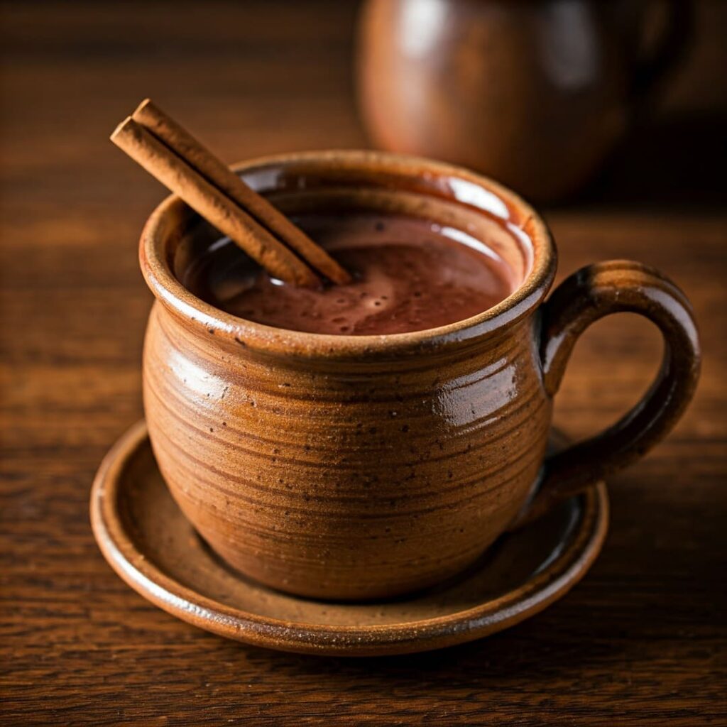 A close-up look of a cup of Champurrado, Mexican hot chocolate, with cinnamon sticks in it.