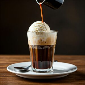 A glass of Café Affogato with a scoop of vanilla ice cream and hot espresso being poured over it.