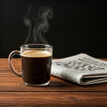 A clear glass cup full of coffee, with steam rising, is placed on a wooden table, with a newspaper with Coffee News next to it.