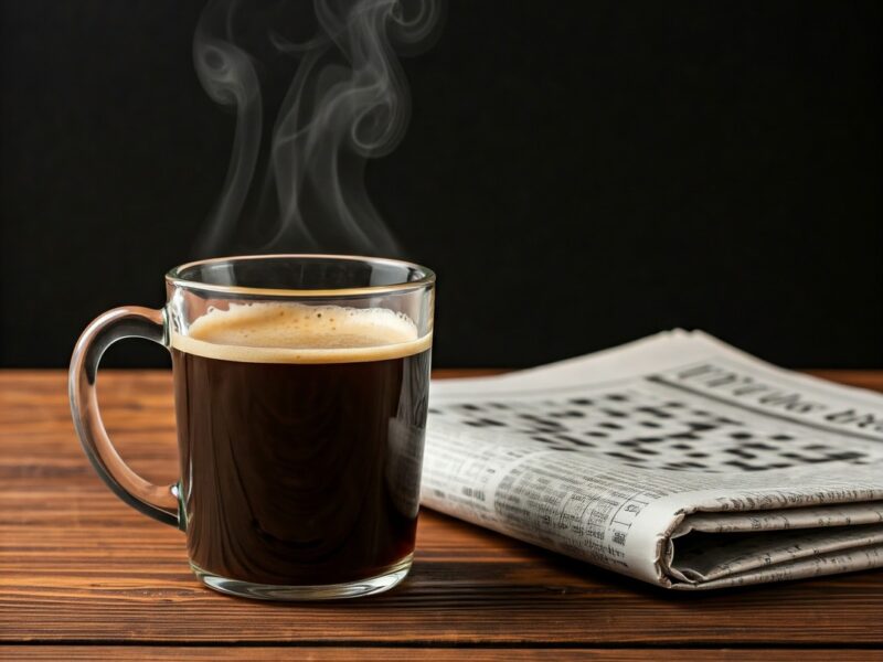 A clear glass cup full of coffee, with steam rising, is placed on a wooden table, with a newspaper with Coffee News next to it.