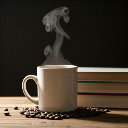 A close-up of a coffee mug with steam rising, surrounded by coffee beans and books with Coffee Articles on a wooden table.