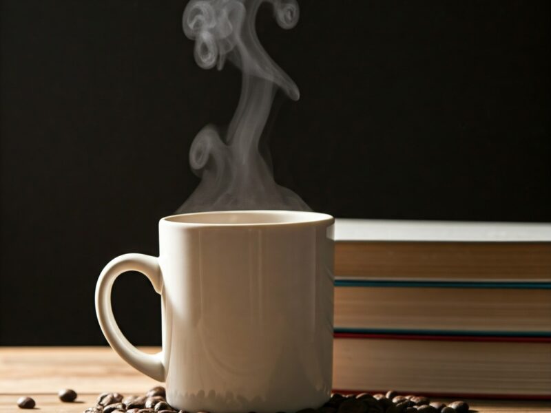 A close-up of a coffee mug with steam rising, surrounded by coffee beans and books with Coffee Articles on a wooden table.