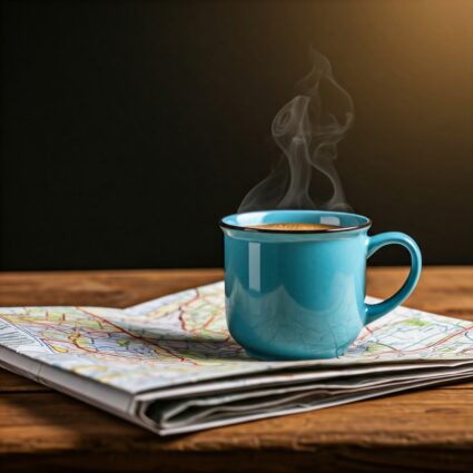 A steaming cup of coffee on a folded map, suggesting travel and exploration to the various Coffee Regions.