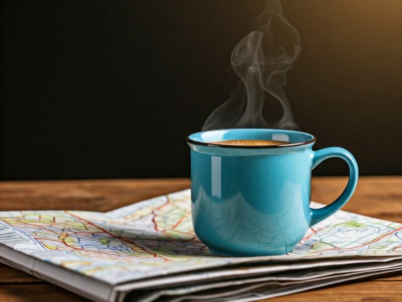 A steaming cup of coffee on a folded map, suggesting travel and exploration to the various Coffee Regions.