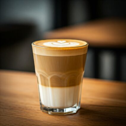 A tall glass cup with layered coffee and milk, topped with a heart-shaped latte art.