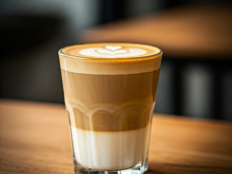 A tall glass cup with layered coffee and milk, topped with a heart-shaped latte art.