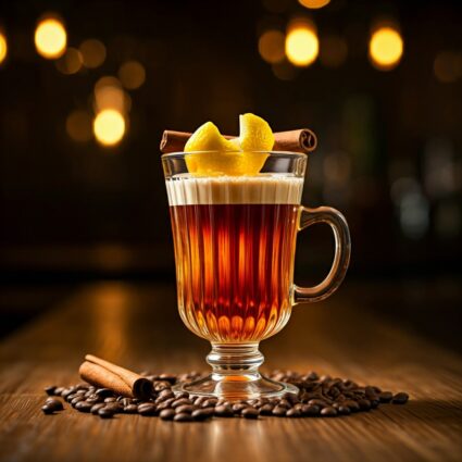 A warm coffee cocktail with a lemon twist and cinnamon stick garnish, resting on a bed of coffee beans.