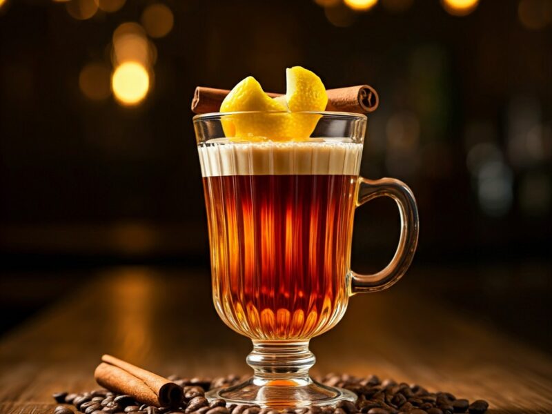 A warm coffee cocktail with a lemon twist and cinnamon stick garnish, resting on a bed of coffee beans.