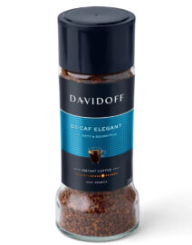 Davidoff Decaf Elegant Coffee Jar with blue label, showing Brand name, Product name, intensity and weight on it.