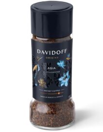 Davidoff Origins Asia Coffee Jar with Art illustrated label, showing Brand name, Product name, intensity and weight on it.