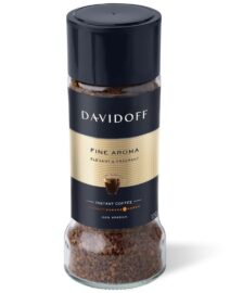 Davidoff Fine Aroma Coffee Jar with golden label, showing Brand name, Product name, intensity and weight on it.