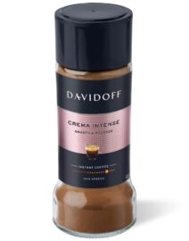 Davidoff Crema Intense Coffee Jar with pink label, showing Brand name, Product name, intensity and weight on it.
