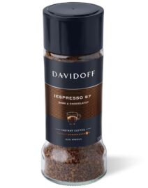 Davidoff Espresso 57 Coffee Jar with brown label, showing Brand name, Product name, intensity and weight on it.